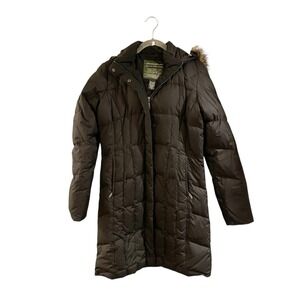 Eddie Bauer Premium Goose Down Parka Jacket XS Black Faux Fur Hood Coat Puffer